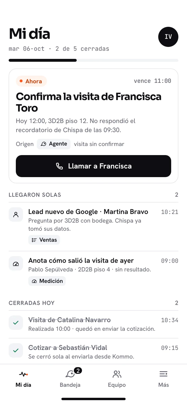 «Mi día» de un asesor en el teléfono: confirmar la visita de Francisca Toro.
