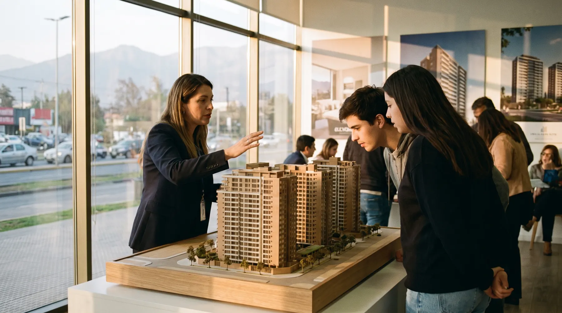 Asesora inmobiliaria muestra la maqueta del proyecto a una pareja.