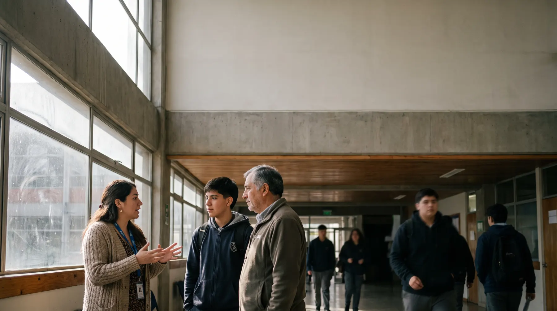 Asesora de admisión conversa con un estudiante y su apoderado en el pasillo del instituto.